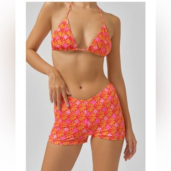 Shein Orange Pink Floral Y2K Neon Orange Sheer Two Piece Swimsuit - Picture 1 of 9